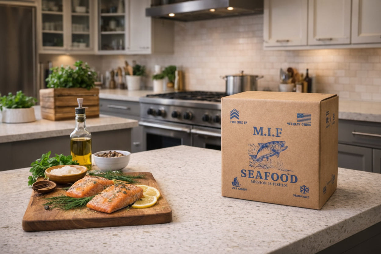 Cardboard box labeled 'M.I.F. Seafood' on a kitchen counter with salmon and ingredients.